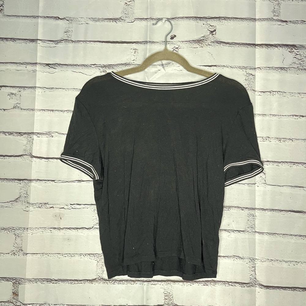 Women's Black Short Sleeve Tee White Trim Crew SZ L Relaxed Loose Fit Soft